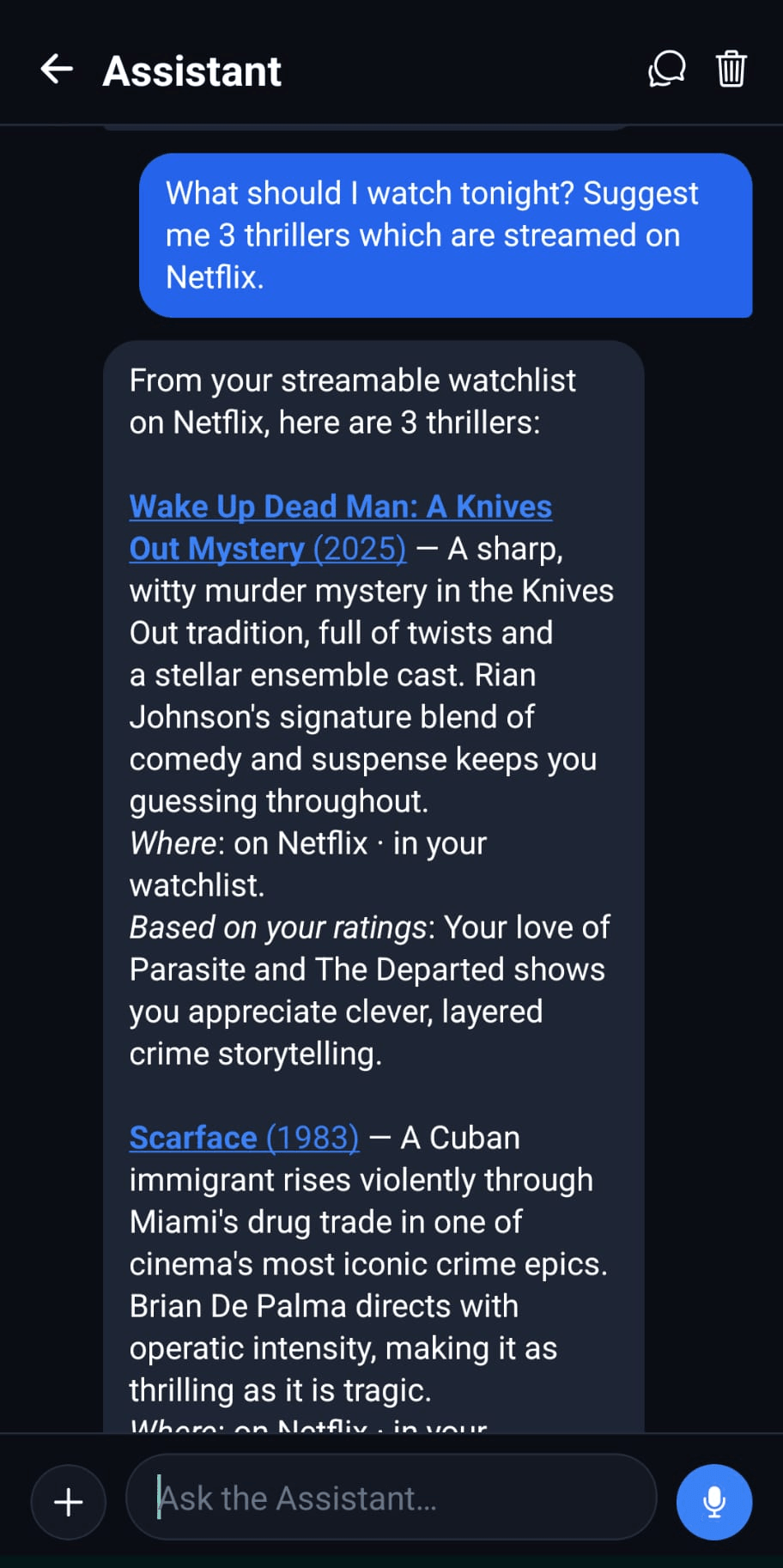 The AI chat assistant in I Like Movies answering a request for a film recommendation with real titles