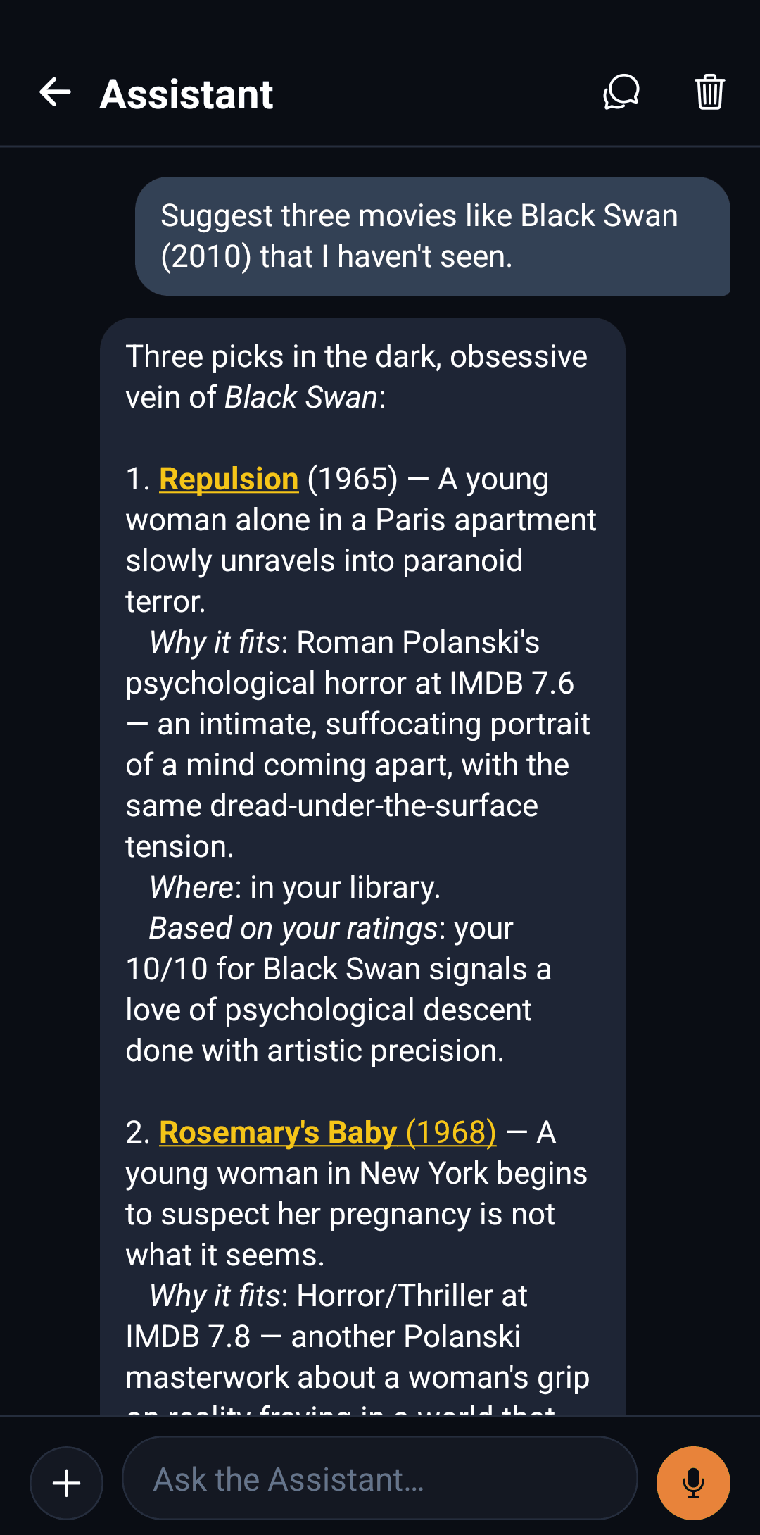 The AI chat assistant in I Like Movies answering a request for a film recommendation with real titles