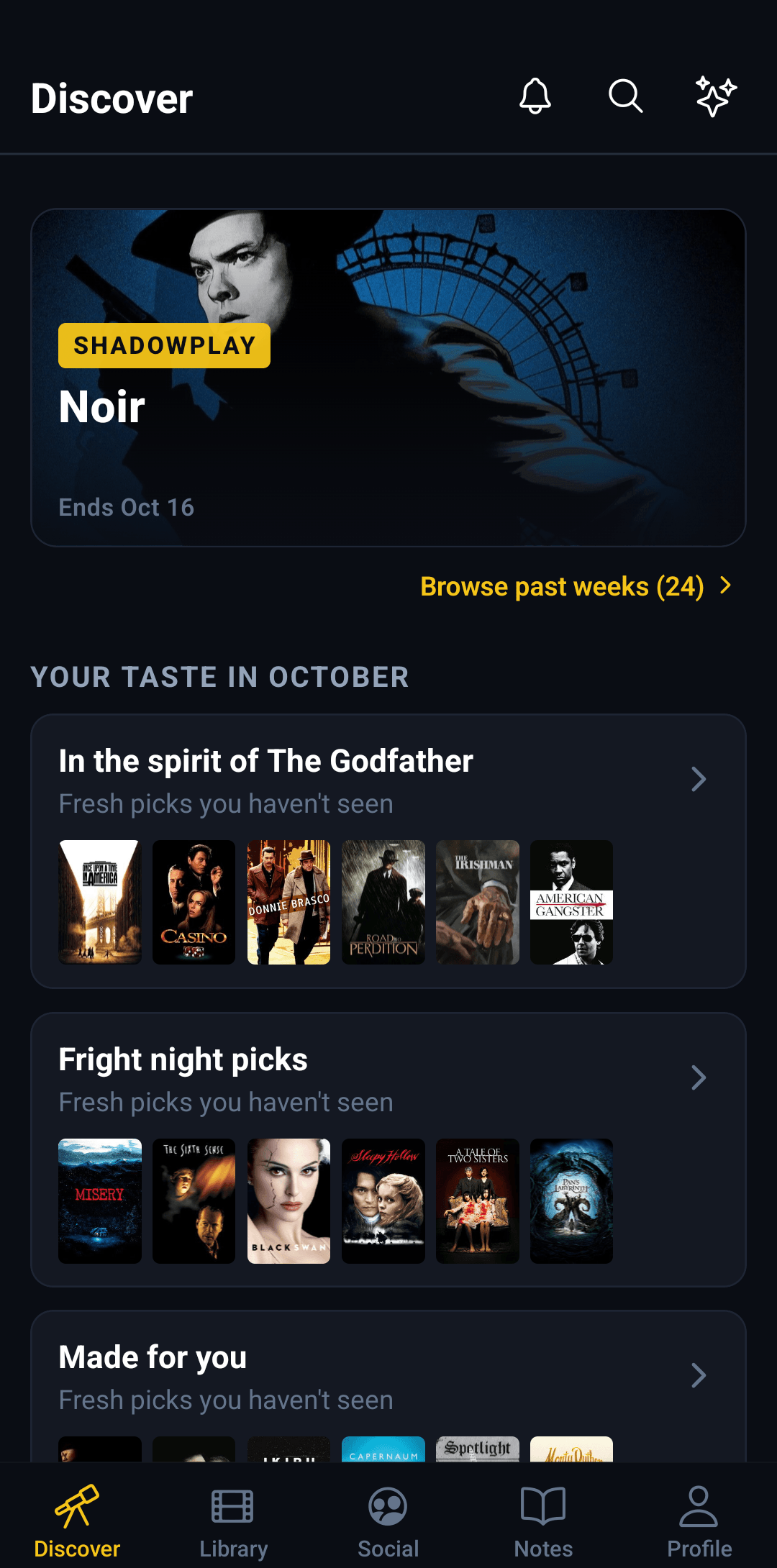 The I Like Movies discover screen showing AI-generated movie collections built from the viewer's own ratings