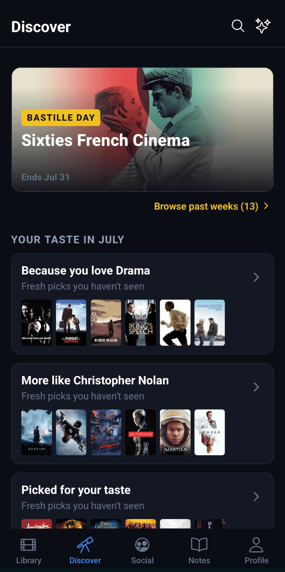 The I Like Movies discover screen showing AI-generated movie collections built from the viewer's own ratings
