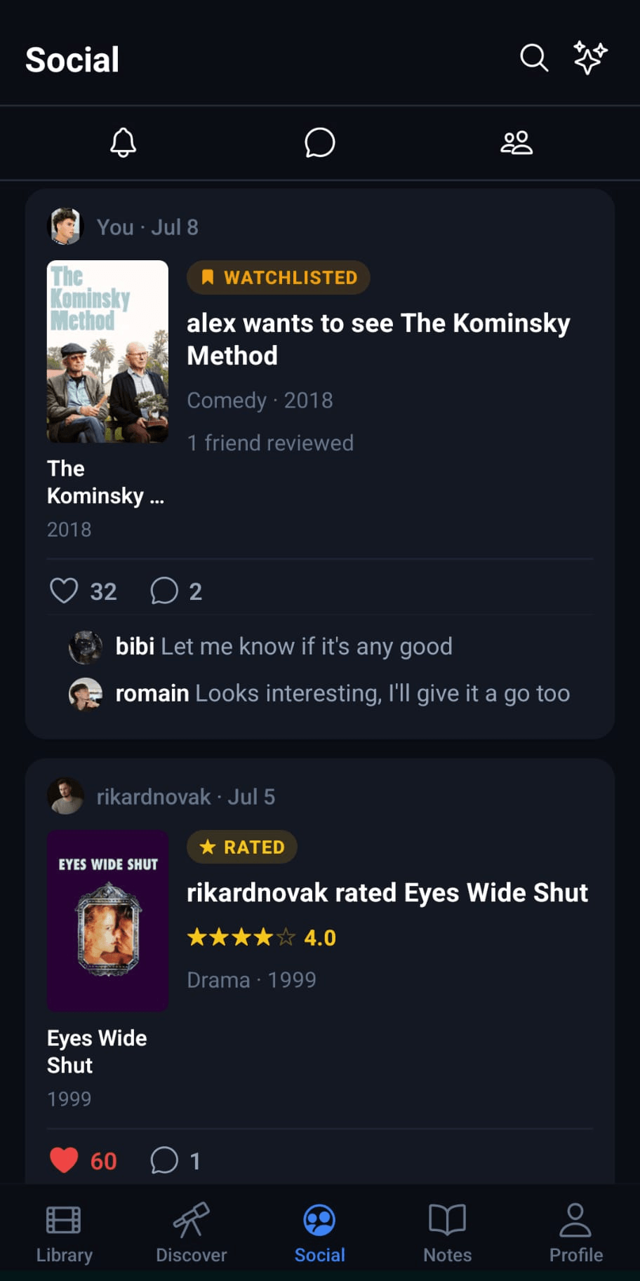 The I Like Movies social feed showing a friend adding a series to their watchlist and another rating a film, each with likes and replies underneath