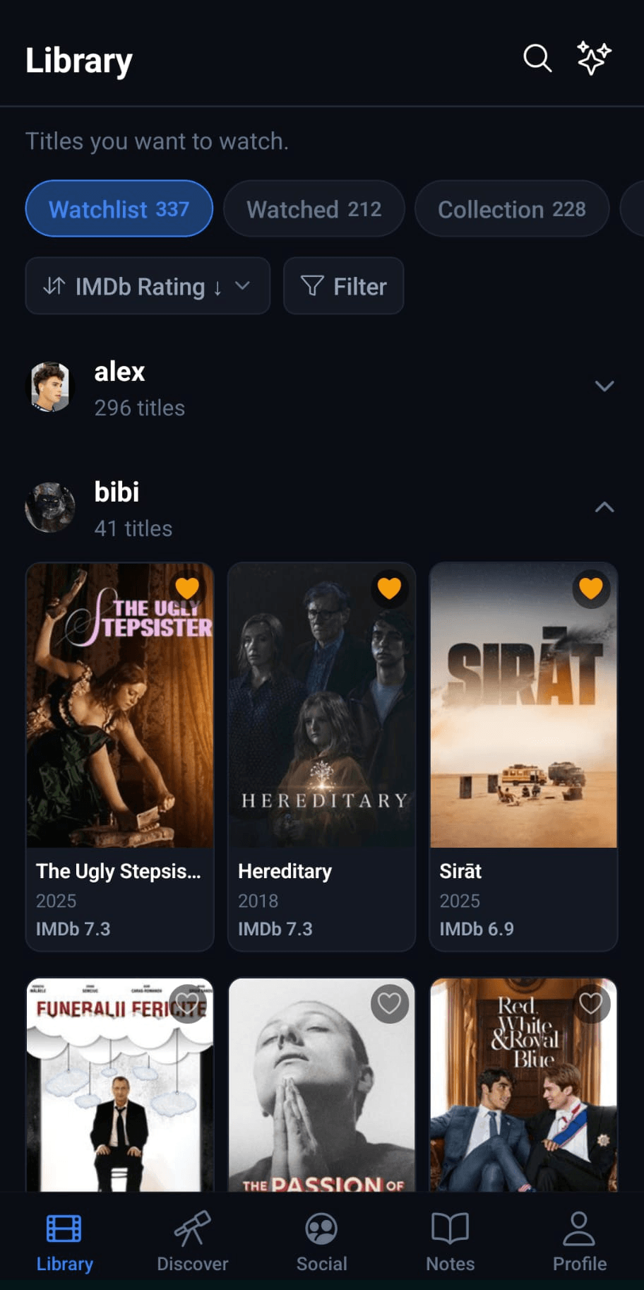 A shared household watchlist in I Like Movies, grouped by member, with each person's saved films listed under their name