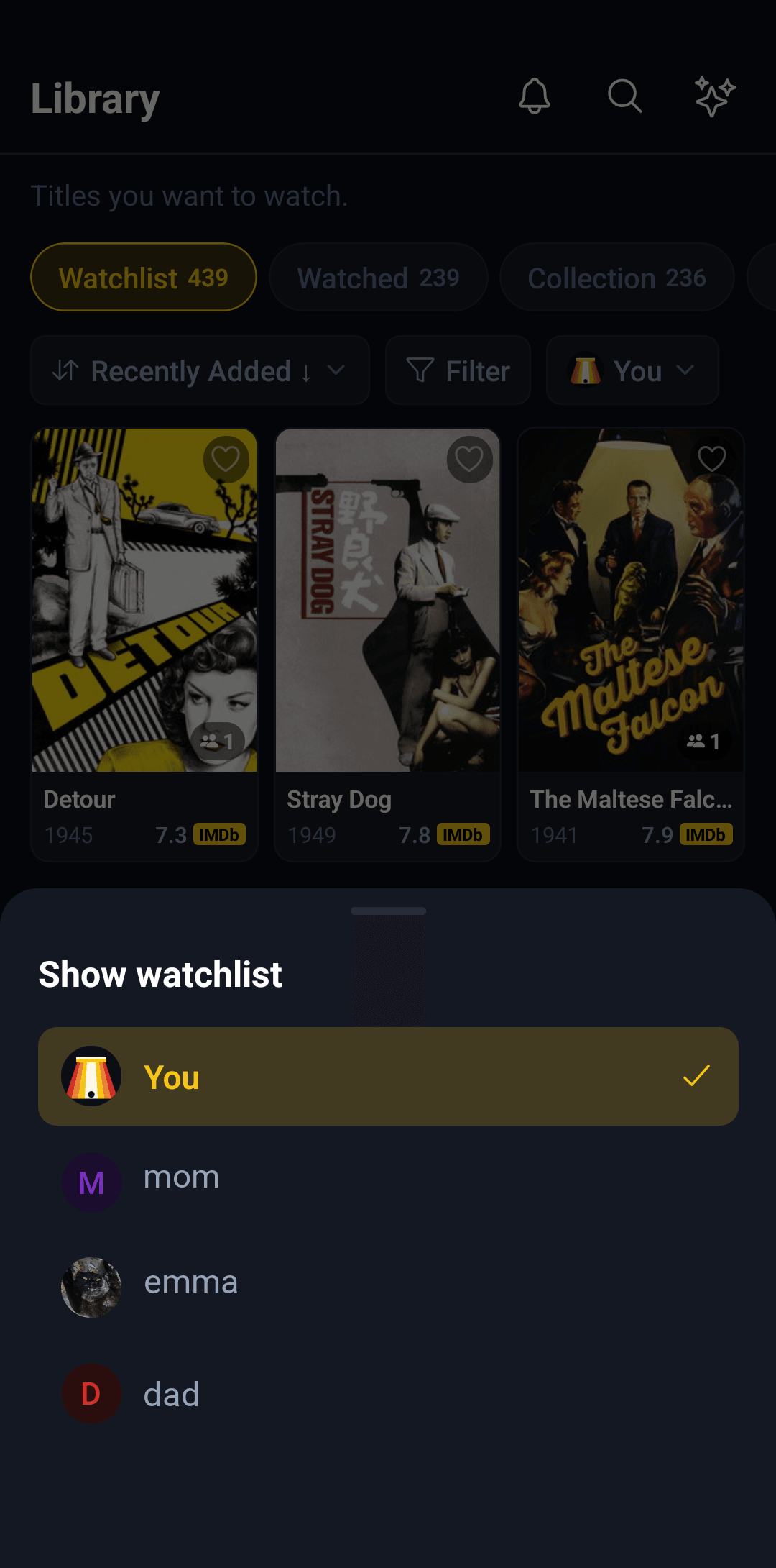 The I Like Movies watchlist picker, switching between the watchlists of each person in the household
