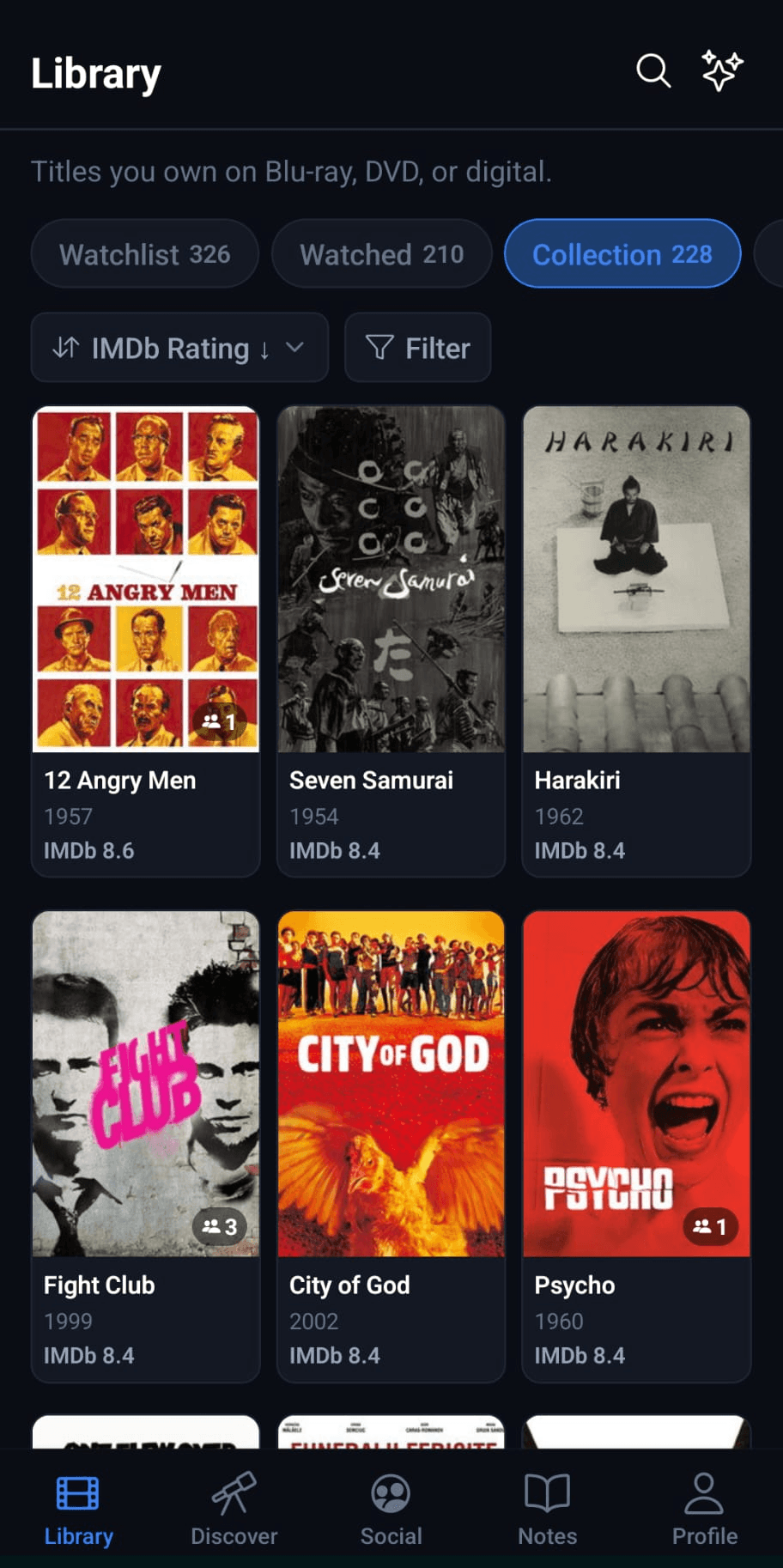 The I Like Movies library screen showing a grid of film posters sorted by IMDb rating, with watchlist, watched and collection counts