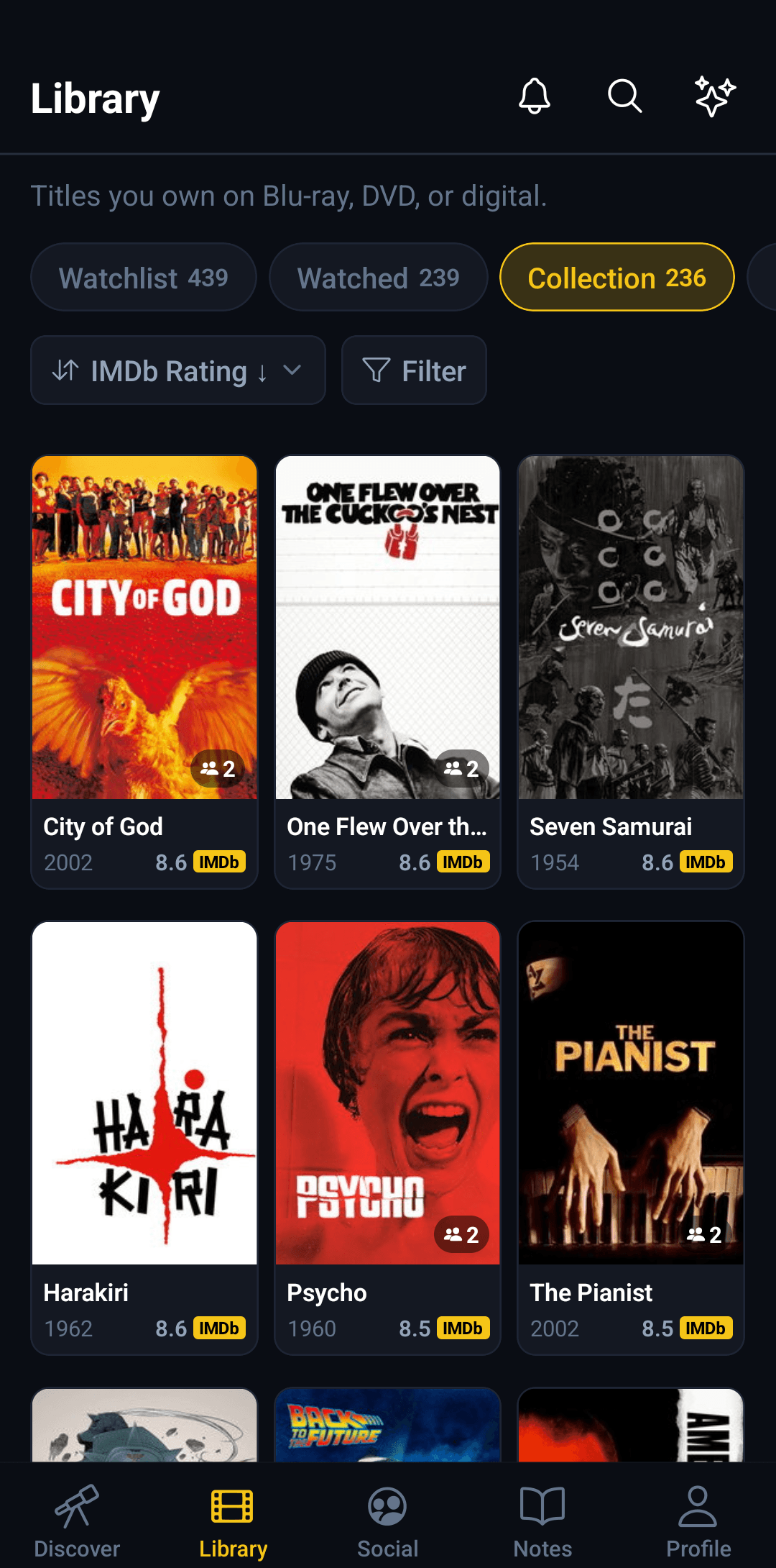 The I Like Movies library screen showing a grid of film posters sorted by IMDb rating, with watchlist, watched and collection counts