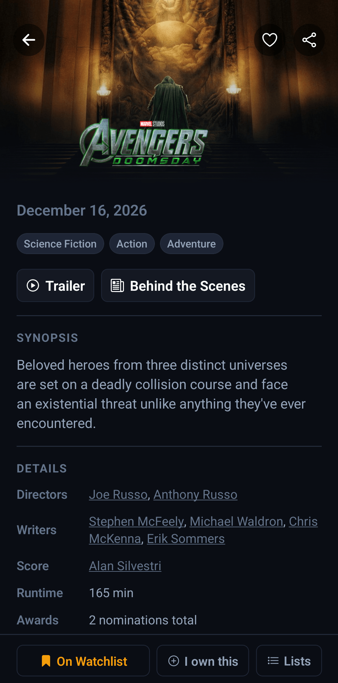 The film detail screen in I Like Movies showing Avengers: Doomsday with its release date, synopsis, directors, runtime and watchlist controls