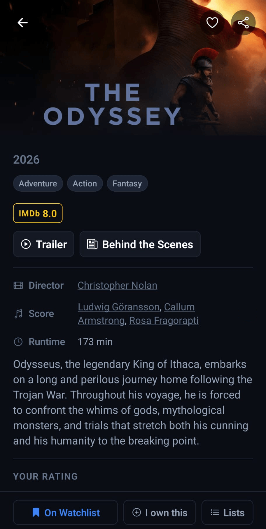 The film detail screen in I Like Movies showing The Odyssey with its IMDb rating, director, runtime and watchlist controls