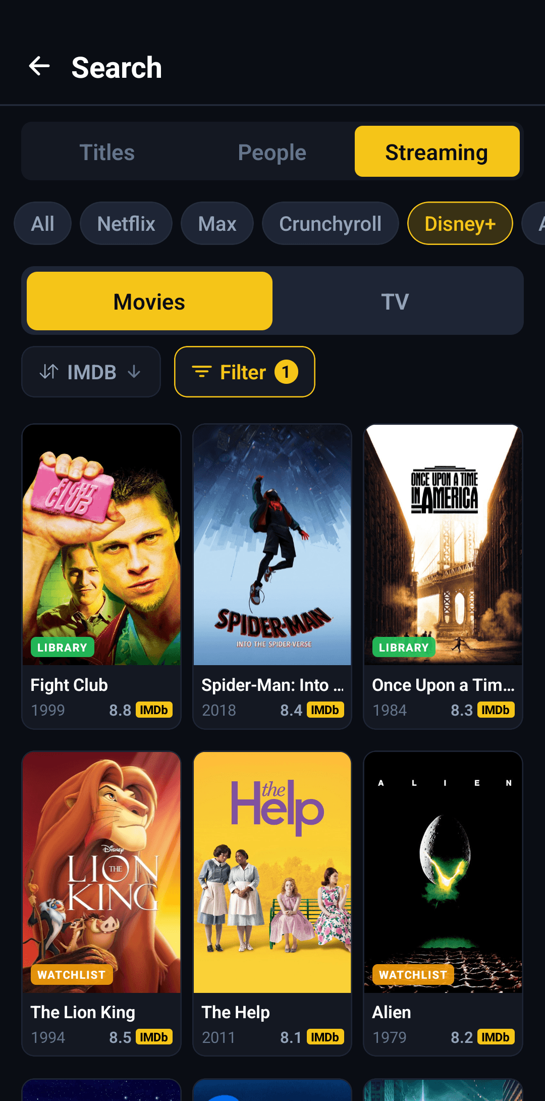 The Streaming tab in I Like Movies search, browsing the best films on one streaming service sorted by IMDb rating